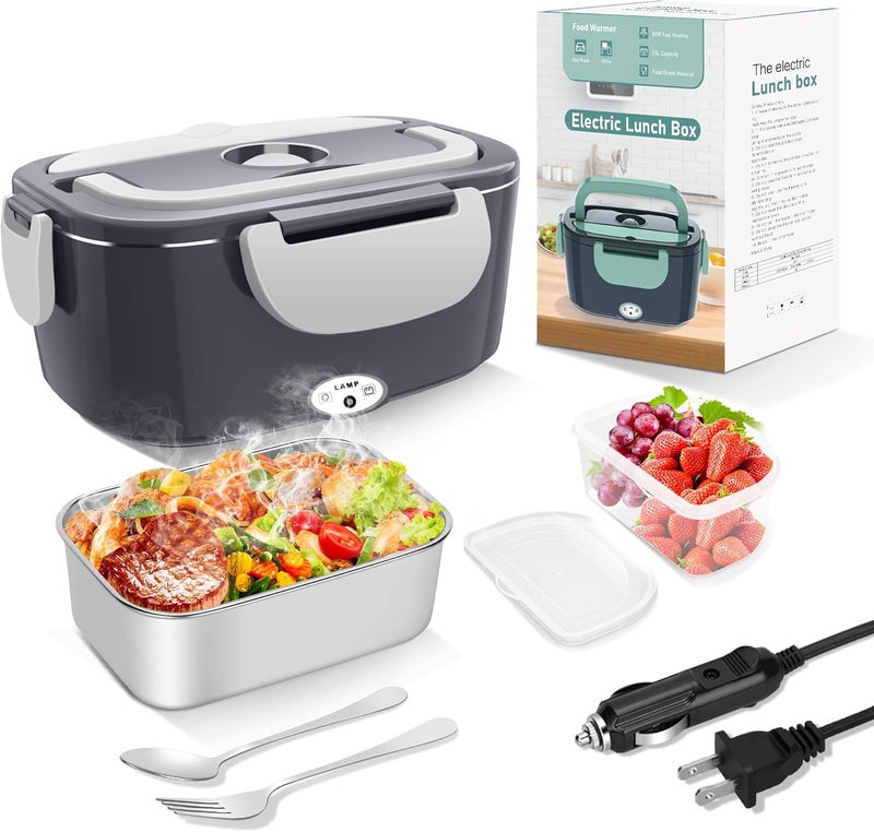 HOLDRUBY Electric Heated Lunch Boxes Adults: 80W Electric Lunch Box Food Heated 12/24/110V 1.5L Heatable Lunch Box for Car/Truck/Office Leak-Proof Stainless Steel Container, Fork & Spoon, Bag (Dark Grey) - Image 1